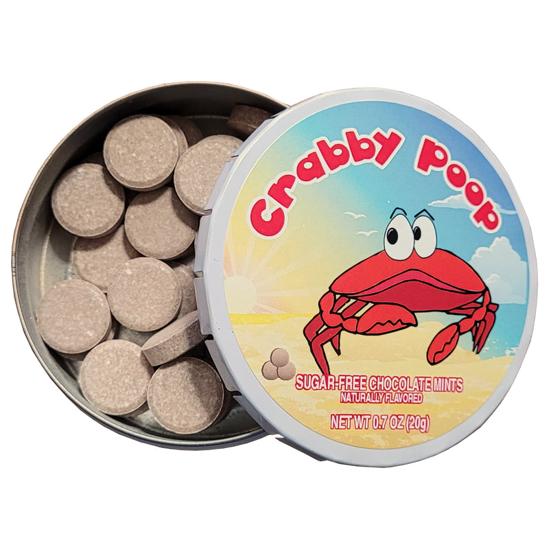 crabby poop chocolate mints open tin showing mints