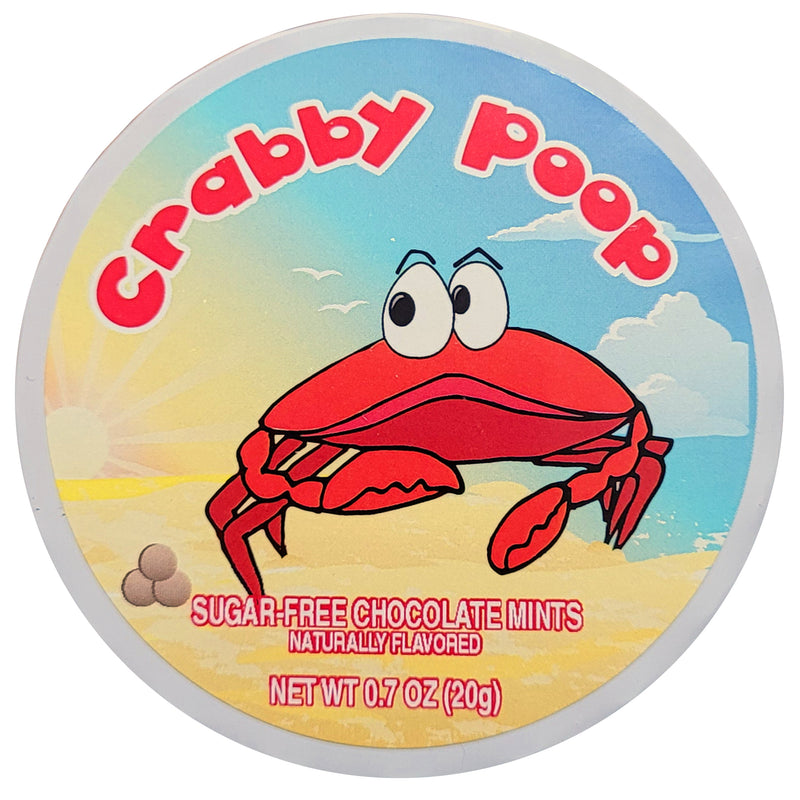 crabby poop chocolate mints tin with cartoon crab on beach