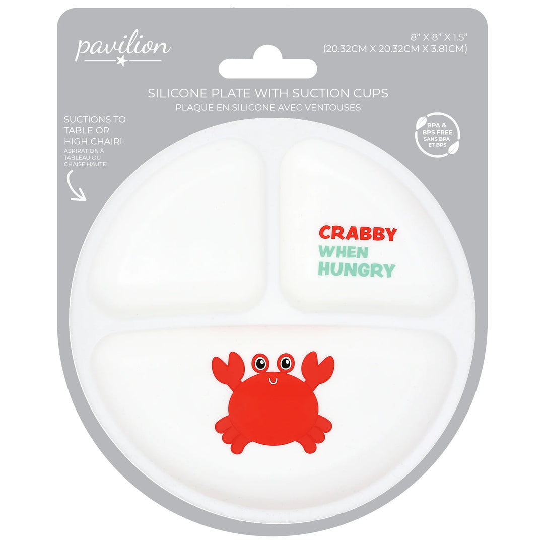 Silicone plate with suction cups and a red crab design on the packaging, featuring the brand &