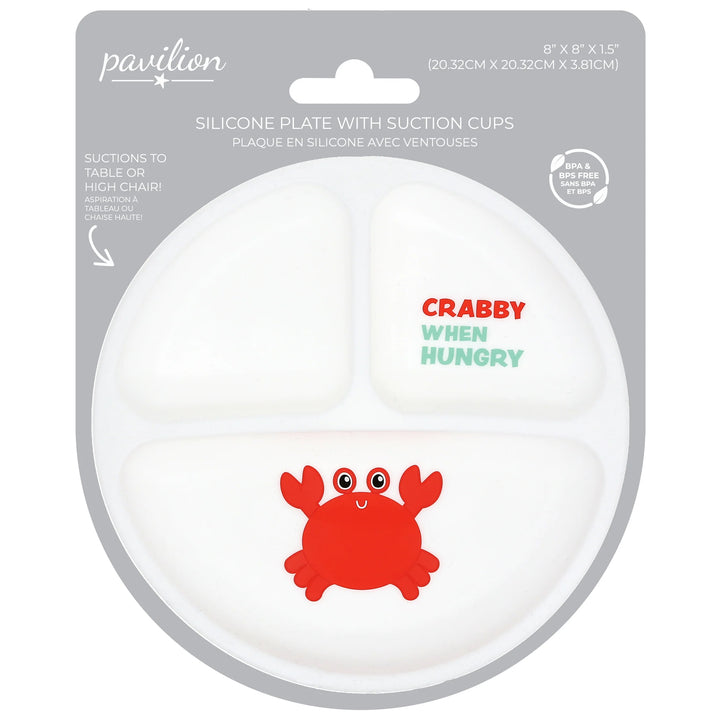 Silicone plate with suction cups and a red crab design on the packaging, featuring the brand &