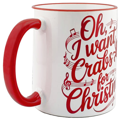 crabs for Christmas white mug with red handle and rim side view