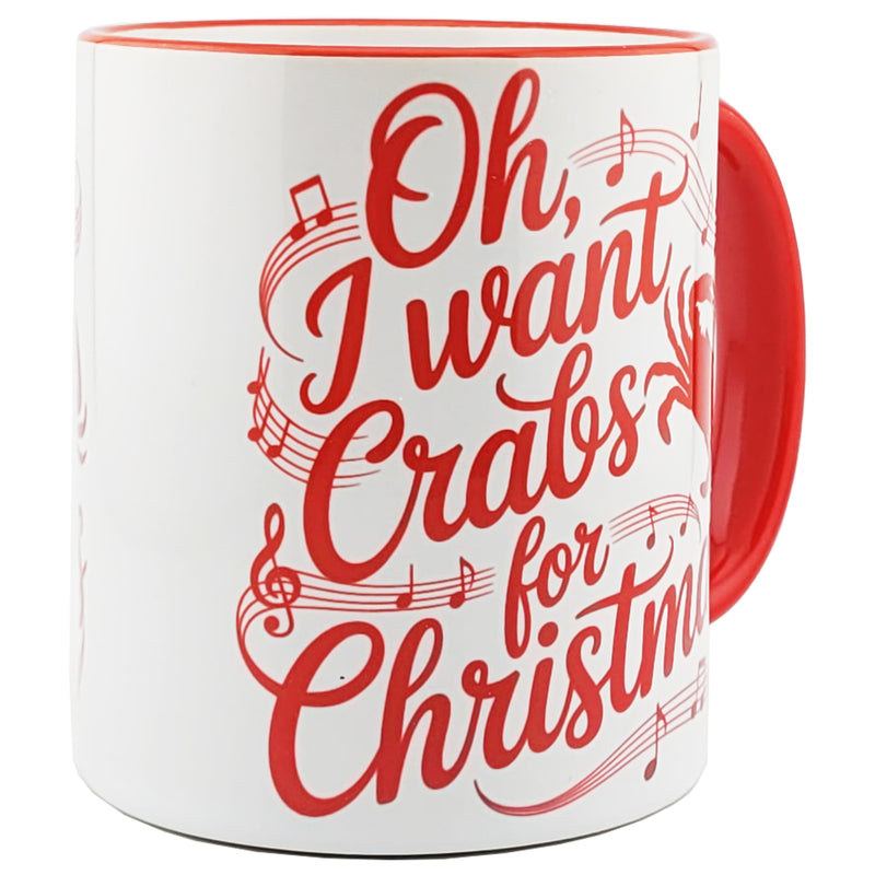crabs for Christmas white mug with red handle and rim side view
