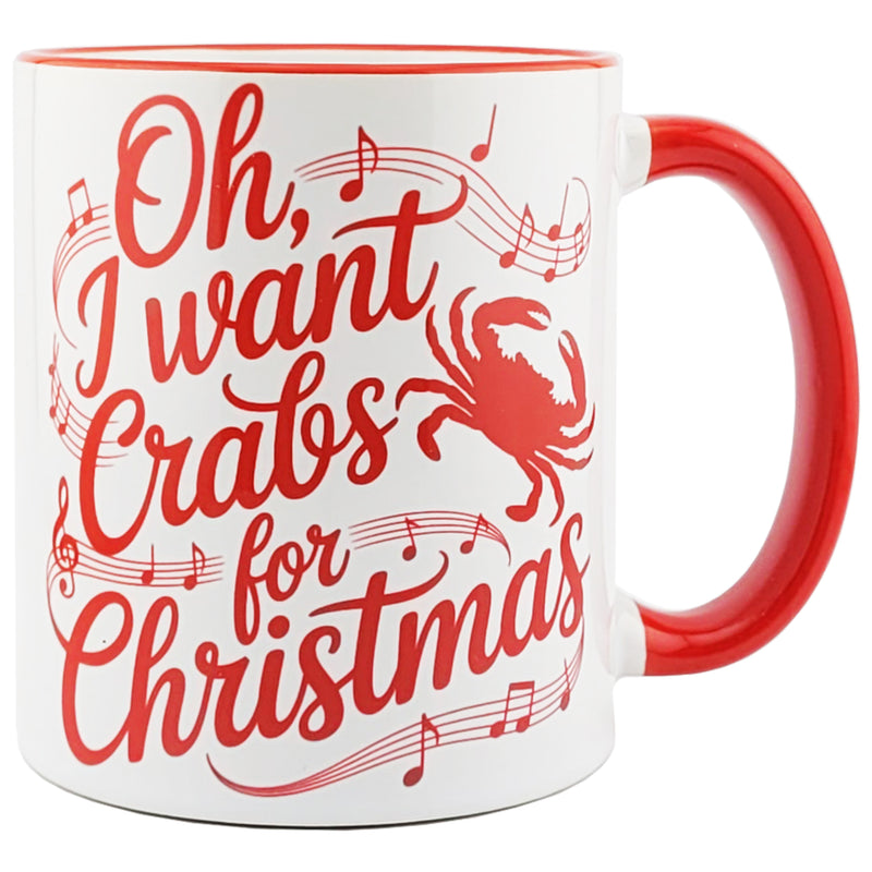 crabs for Christmas white mug with red handle and rim
