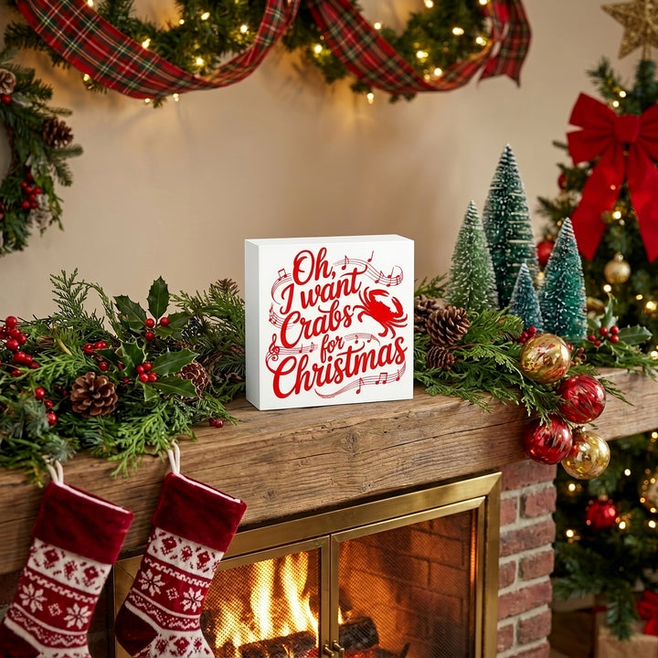 Crabs For Christmas 5" Wood Box Sign on a mantle decorated for Christmas.