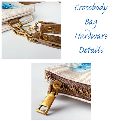 Close-up of crossbody bag hardware details with gold clasp and brown strap on a white background.