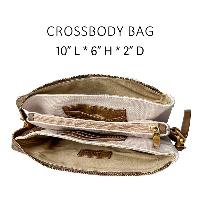 Crossbody bag with dimensions on a white background