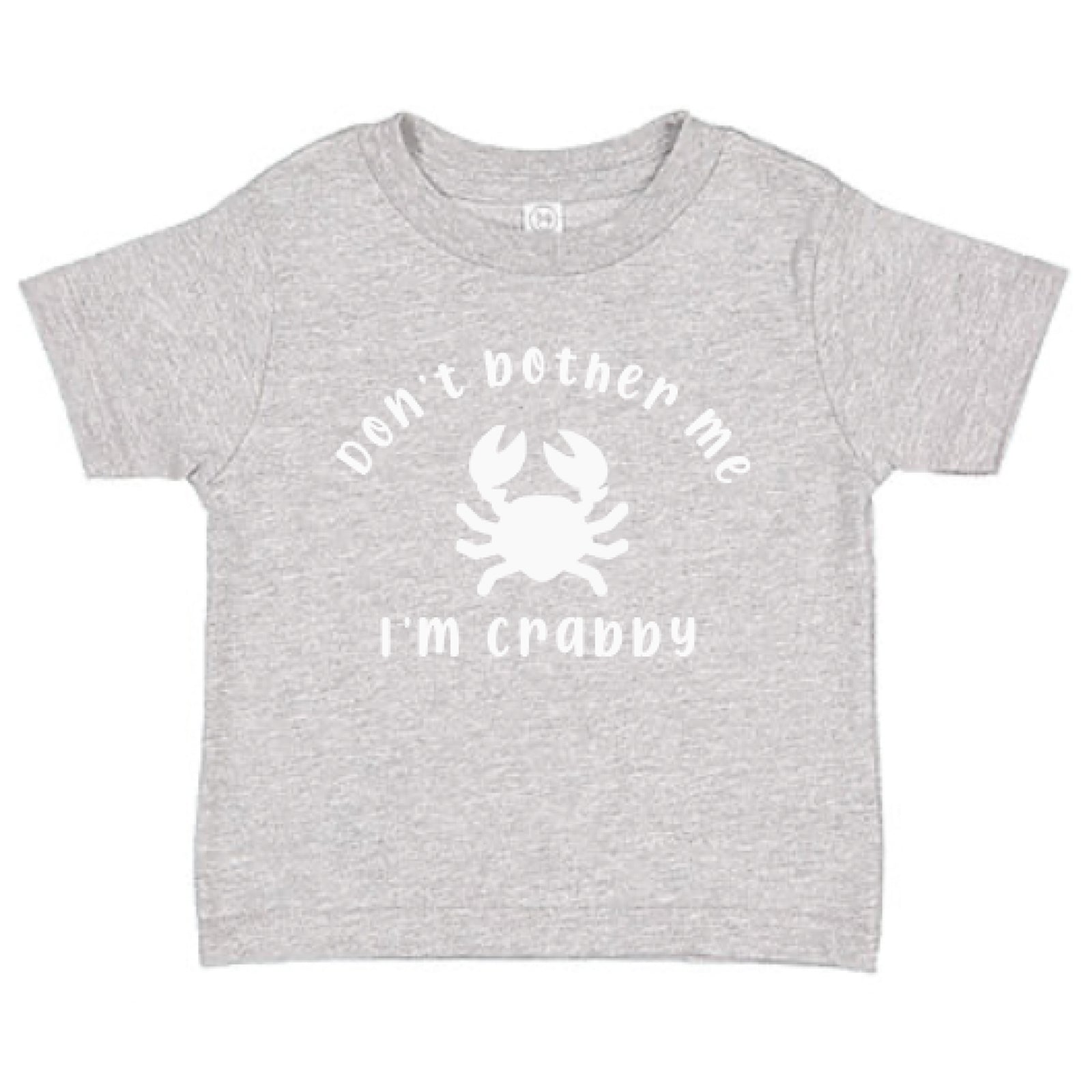 Gray t-shirt with white crab graphic and Don't Bother Me I'm Crabby text