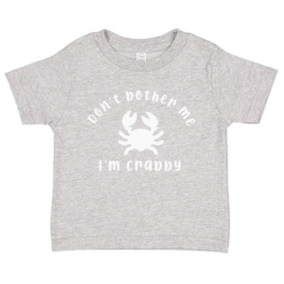 Gray t-shirt with white crab graphic and Don't Bother Me I'm Crabby text