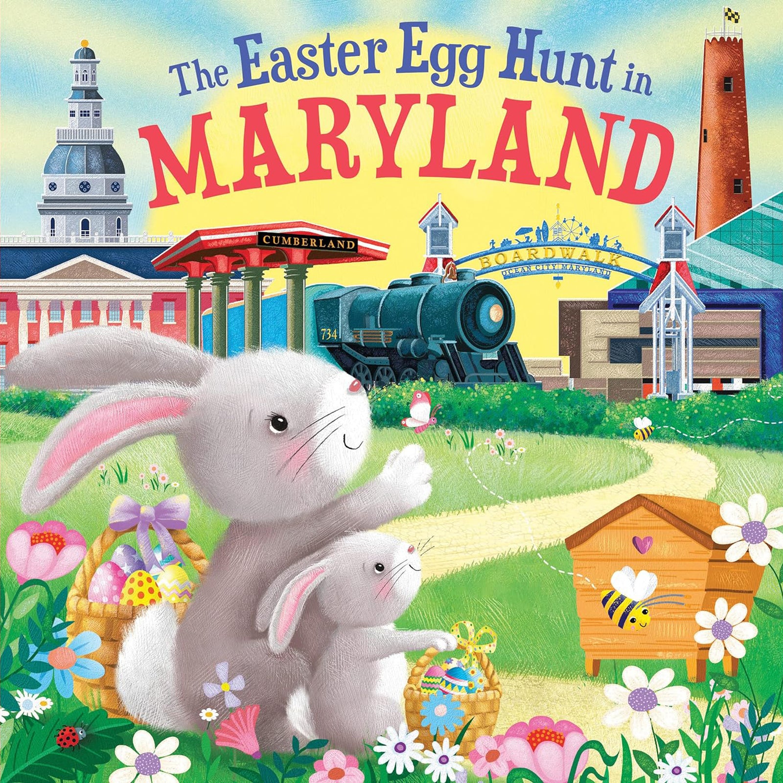 Illustrated book cover of 'The Easter Egg Hunt in Maryland' with a rabbit, eggs, and landmarks.