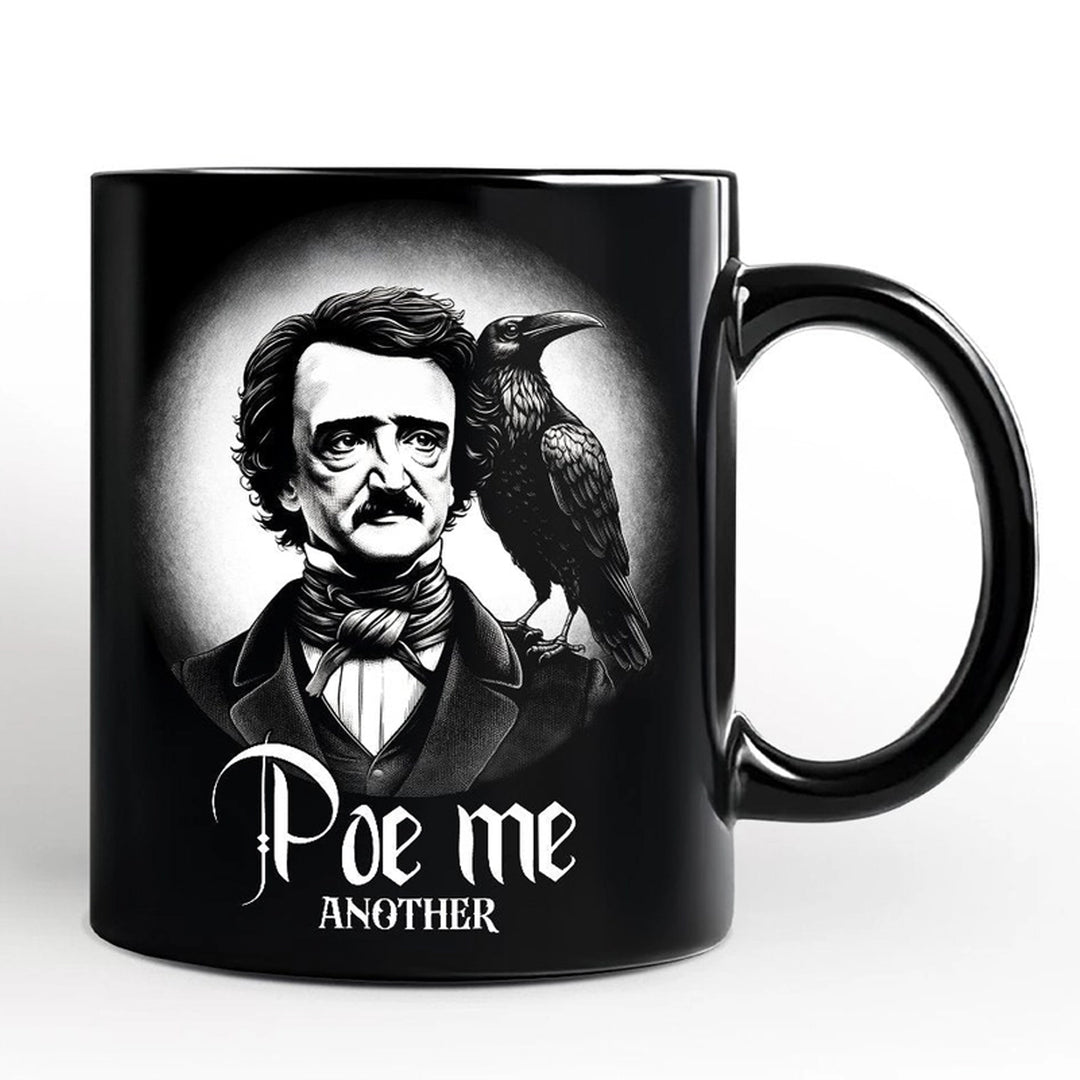 A black ceramic mug featuring a black-and-white graphic of Edgar Allan Poe with a raven on his shoulder and the text &