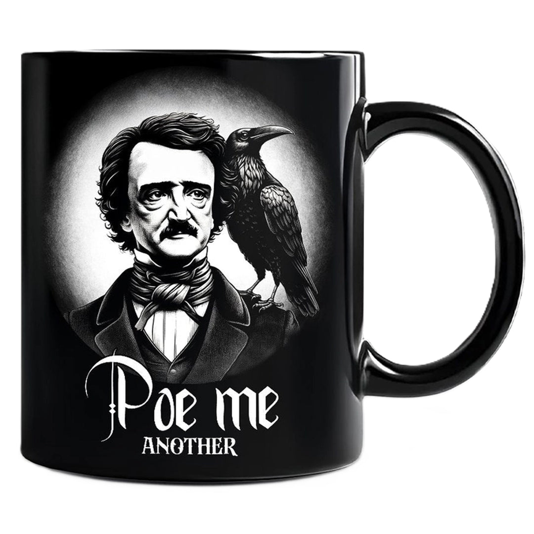 A black ceramic mug featuring a black-and-white illustration of Edgar Allan Poe with a raven on his shoulder and the text &