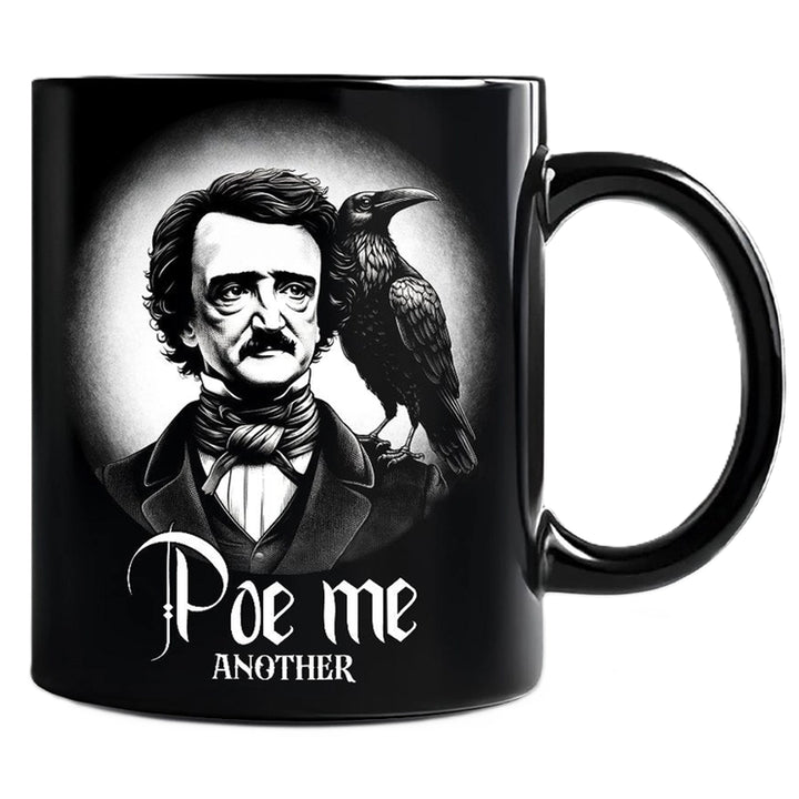 A black ceramic mug featuring a black-and-white illustration of Edgar Allan Poe with a raven on his shoulder and the text &