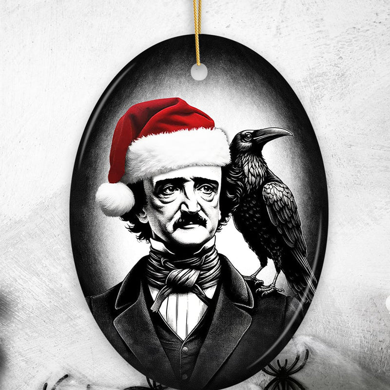 Edgar Allan Poe Santa Hat & Raven Ceramic Ornament