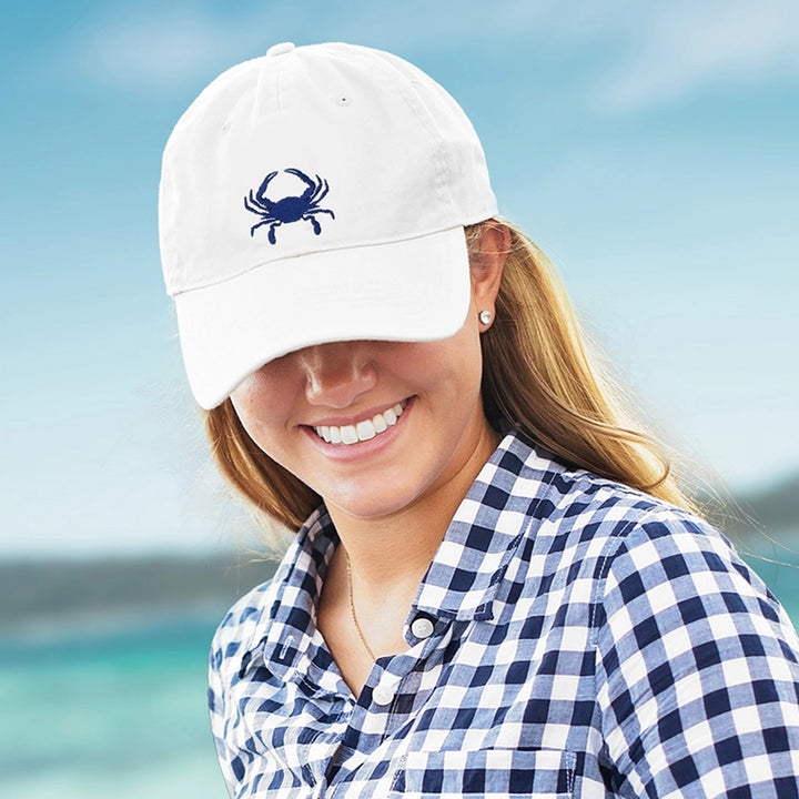 Embroidered Blue Crab Baseball Hat - White (Model)