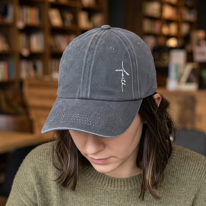 Faith Christian Themed Gray Baseball Hat on a model.