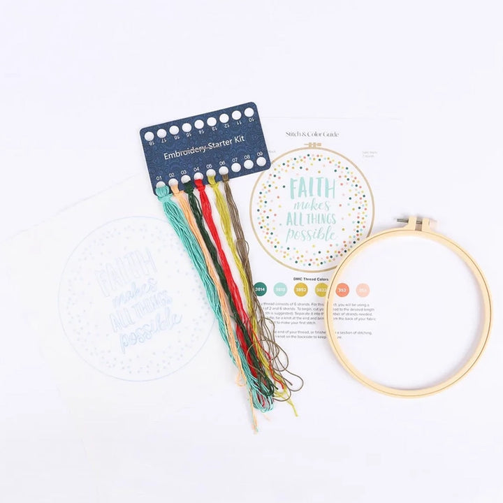 Christian Themed Embroidery Kit - Faith makes all things possible kit contents.