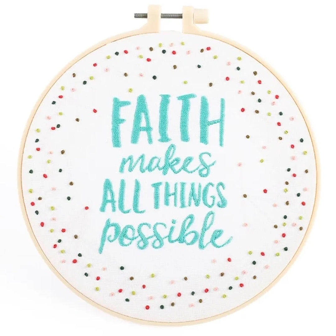 Christian Themed Embroidery Kit - Faith makes all things possible - example of finished design.