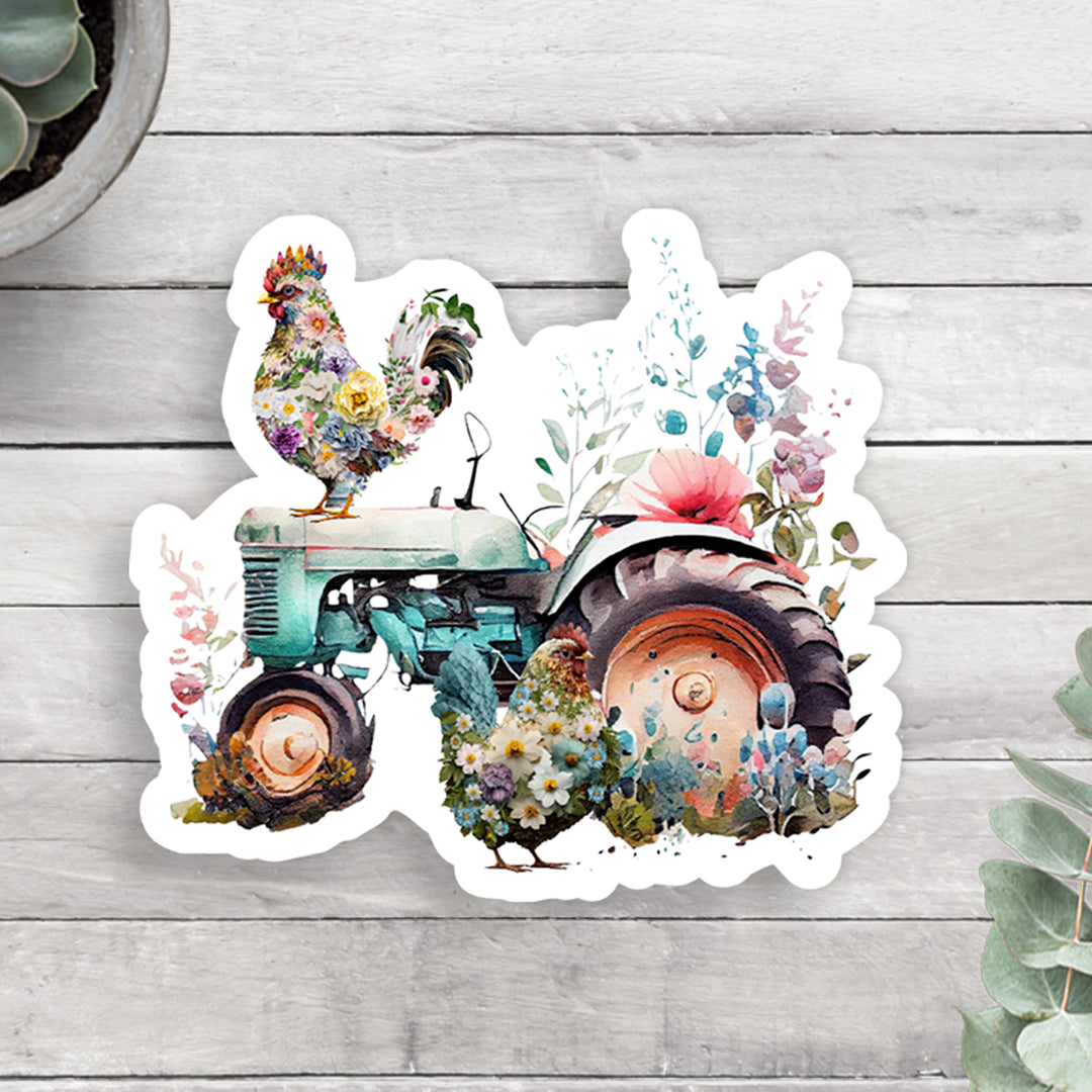 Farm Tractor &amp; Chickens Floral Vinyl Sticker (scene)