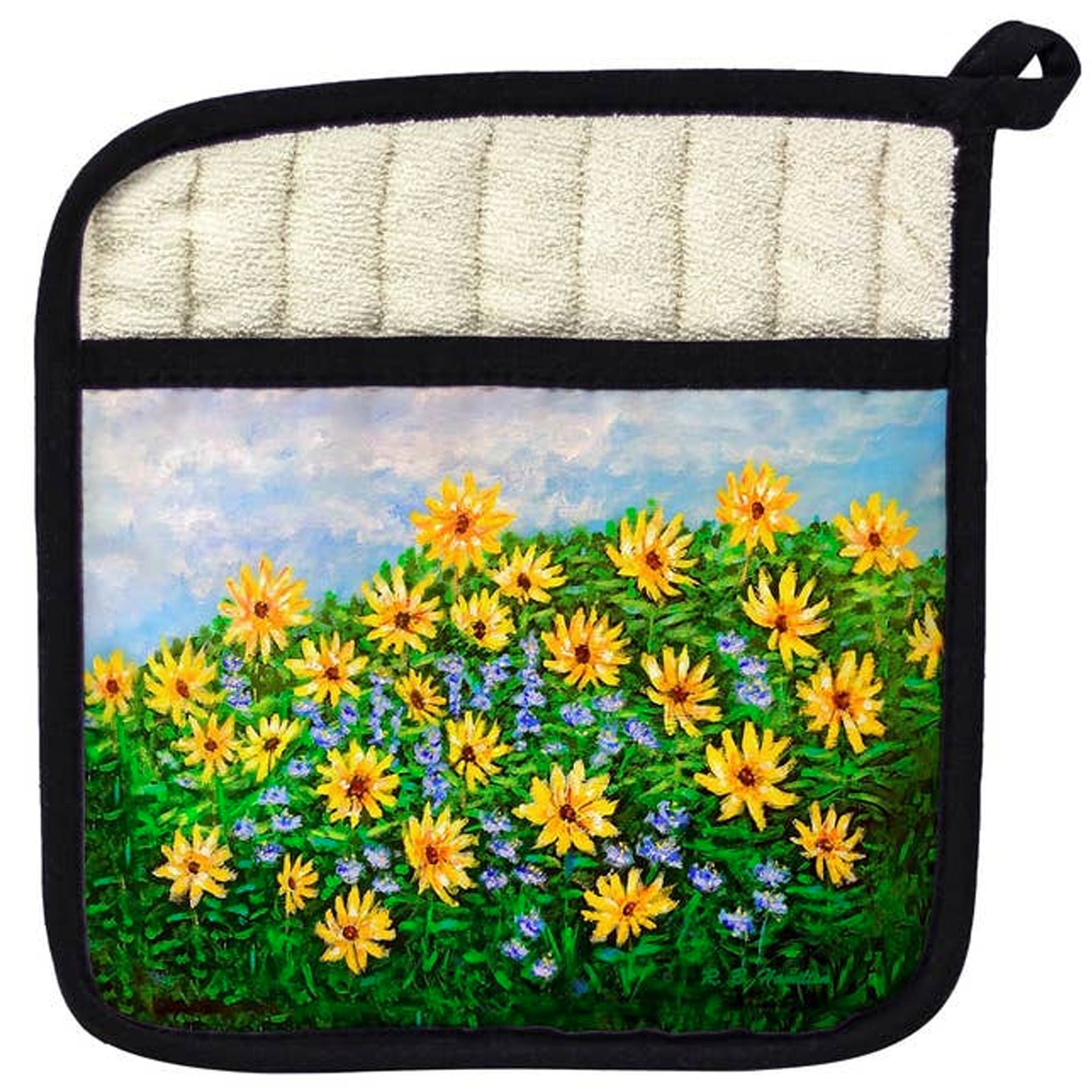 Potholder with a floral design featuring black eyed susan flowers and blue sky.