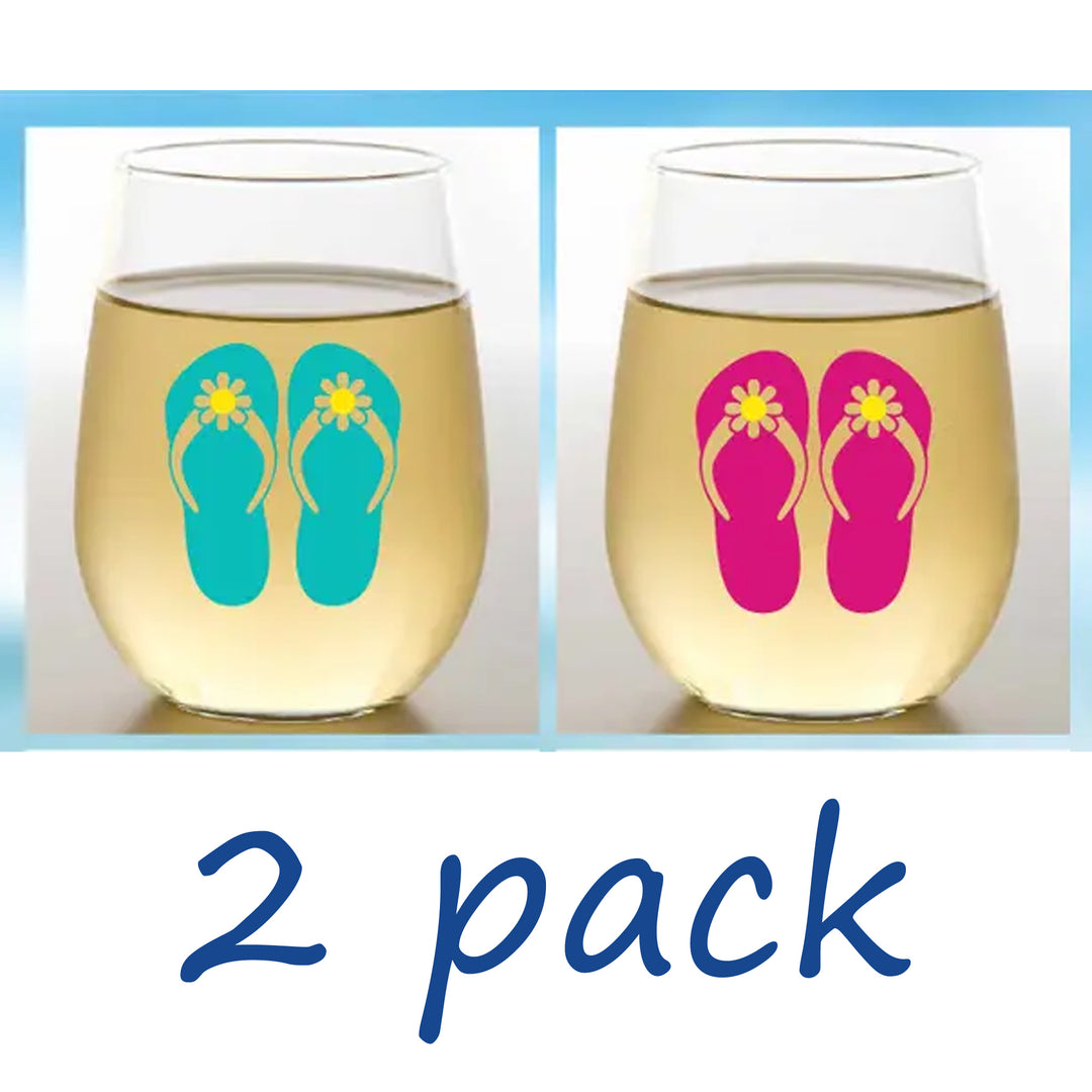 Shatterproof Stemless Wine Set of 2 - Flip Flops/Aqua &amp; Fuchsia