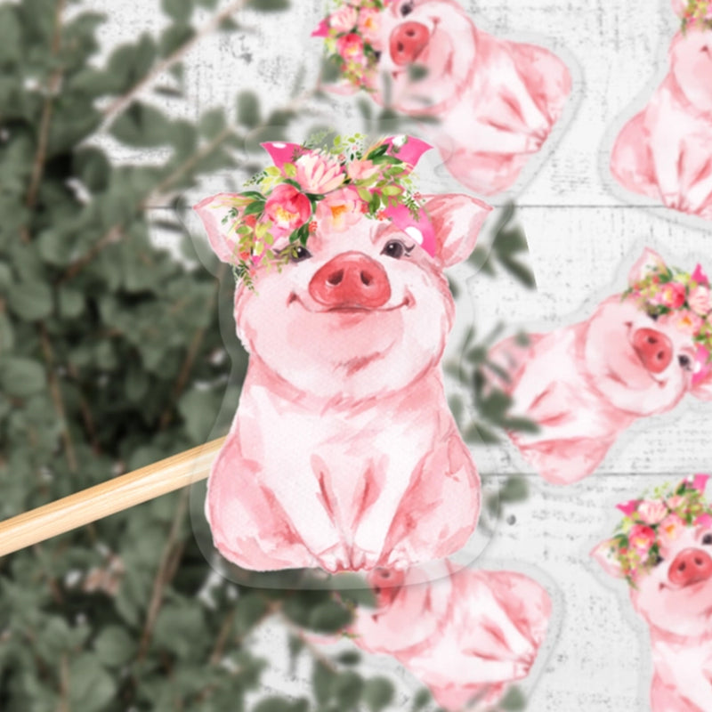 Floral Pig Clear Background Vinyl Sticker (scene)