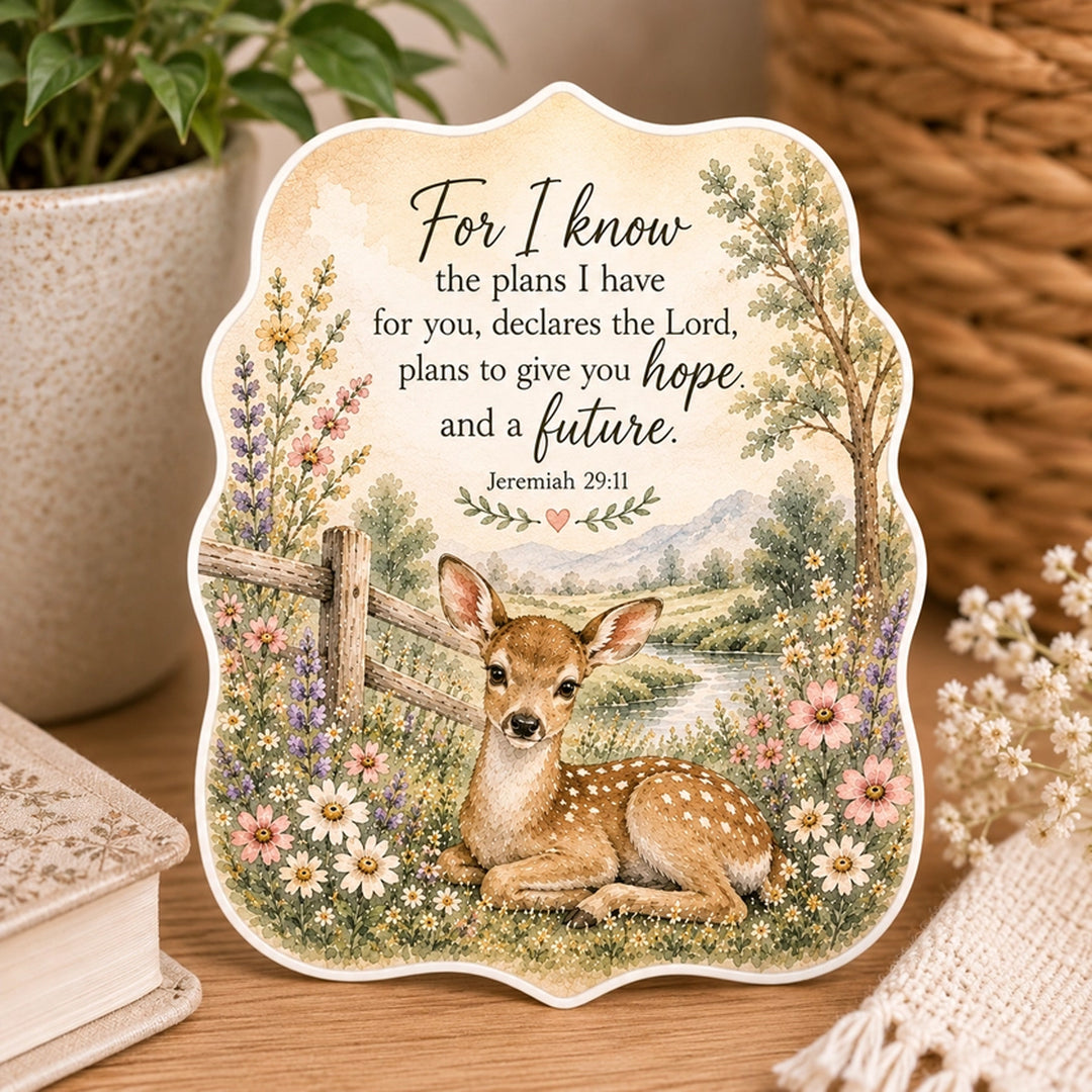 For I know the plans I have for you, declares the Lord, plans to give you hope and a future. Jeremiah 29:11. Vinyl Sticker.