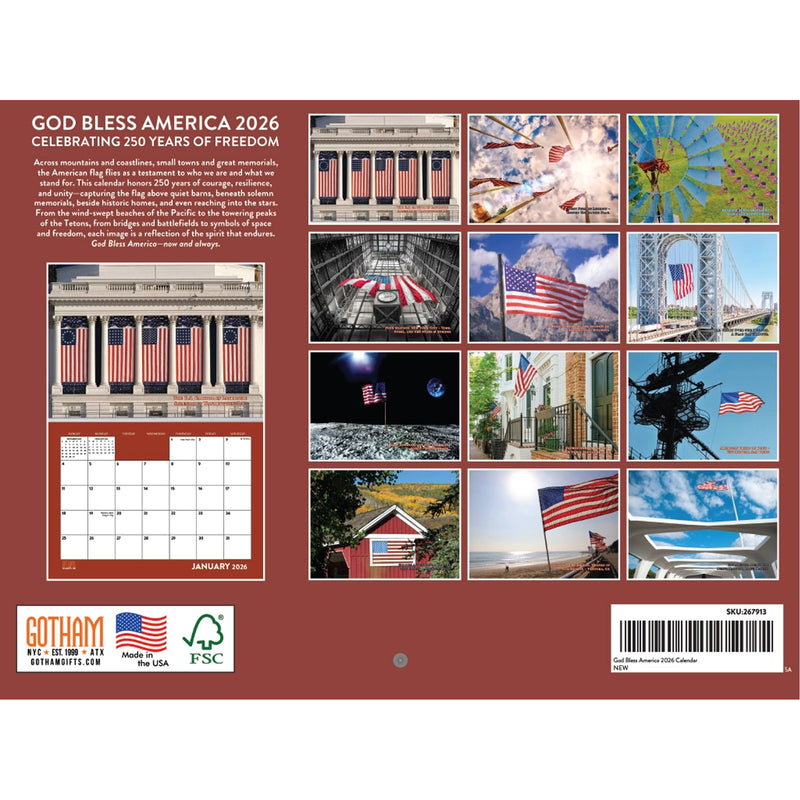 God Bless America 2026 Wall Calendar 12" x 18"