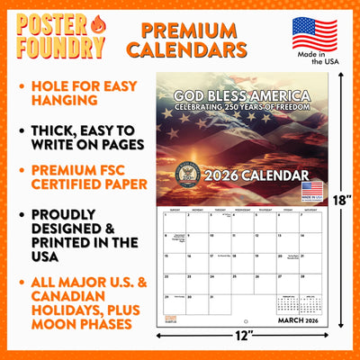 God Bless America 2026 Wall Calendar 12" x 18"
