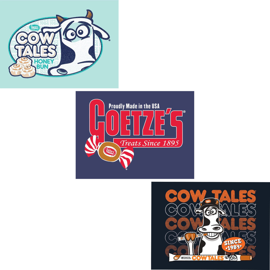 Three magnet logos of Cow Tales Honey Buns and Goetze&