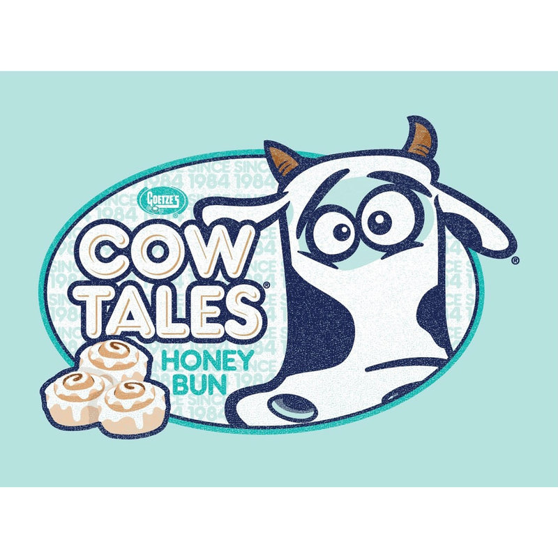 Logo magnet of Cow Tales Honey Bun with a cartoon cow and honey bun on a light blue background