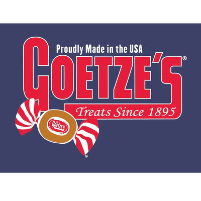 Goetze's logo magnet with red text and candy graphics on a blue background