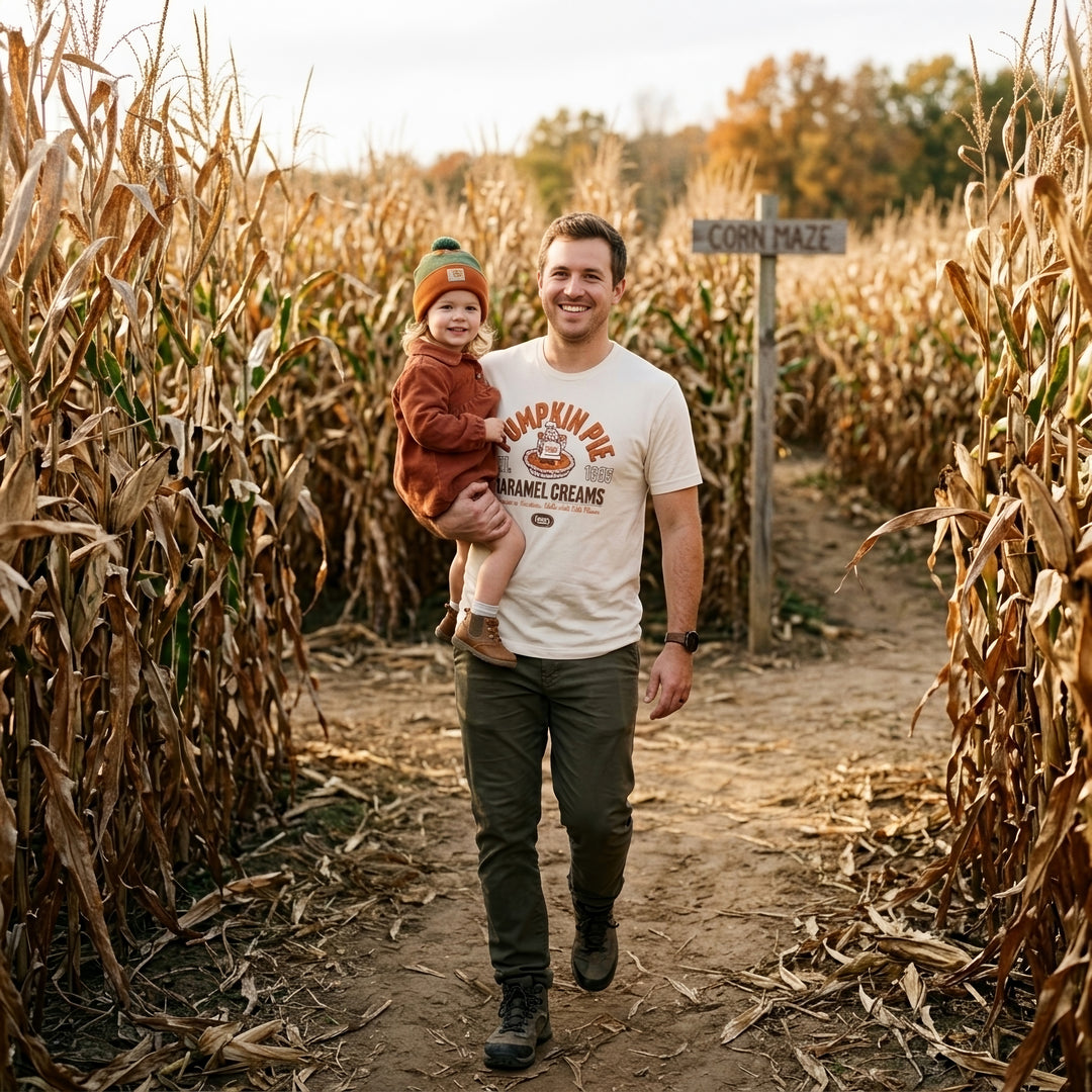 A man walking in a corn maze path while holding a toddler. The man is wearing a cream graphic t-shirt that reads &