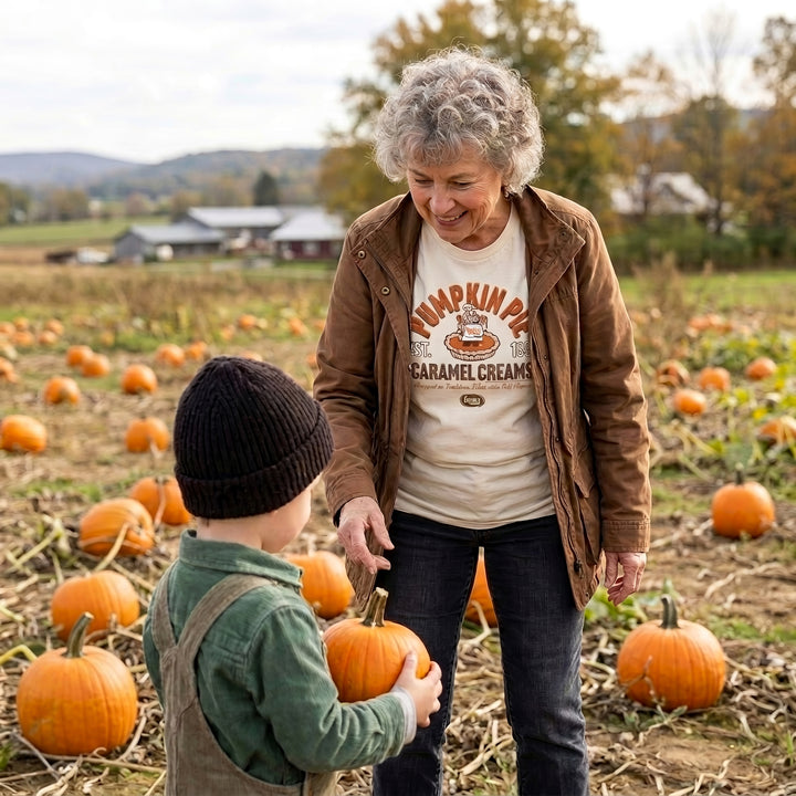 A woman stands in a pumpkin field talking to a young child. The woman wears a brown jacket over a cream graphic t-shirt that reads &