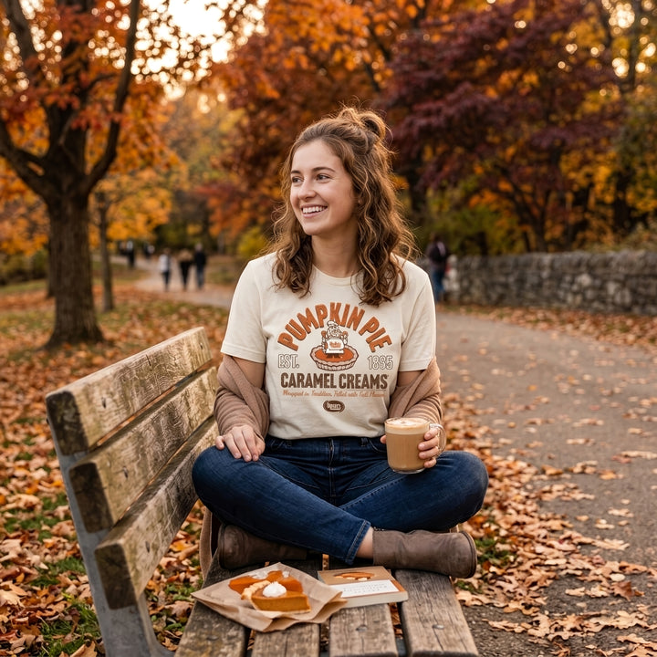 A woman sitting on a wooden park bench in an autumn setting, wearing a cream graphic t-shirt that reads &