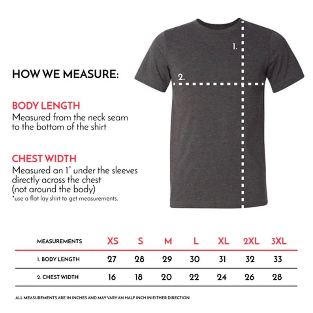 Gray t-shirt with measurement chart on a white background.