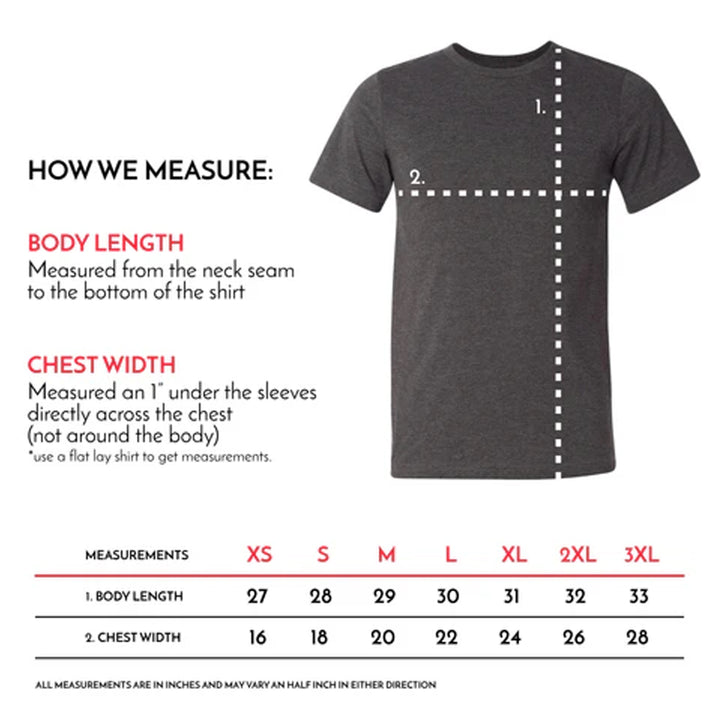 Gray t-shirt with measurement chart on a white background.