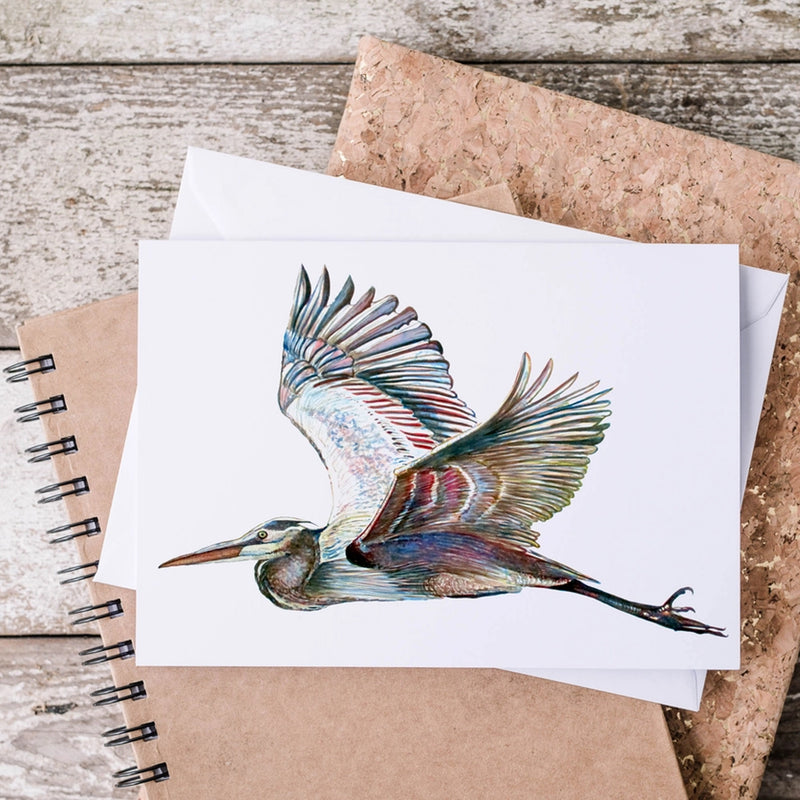 Flying Blue Heron Watercolor Art - Greeting Card