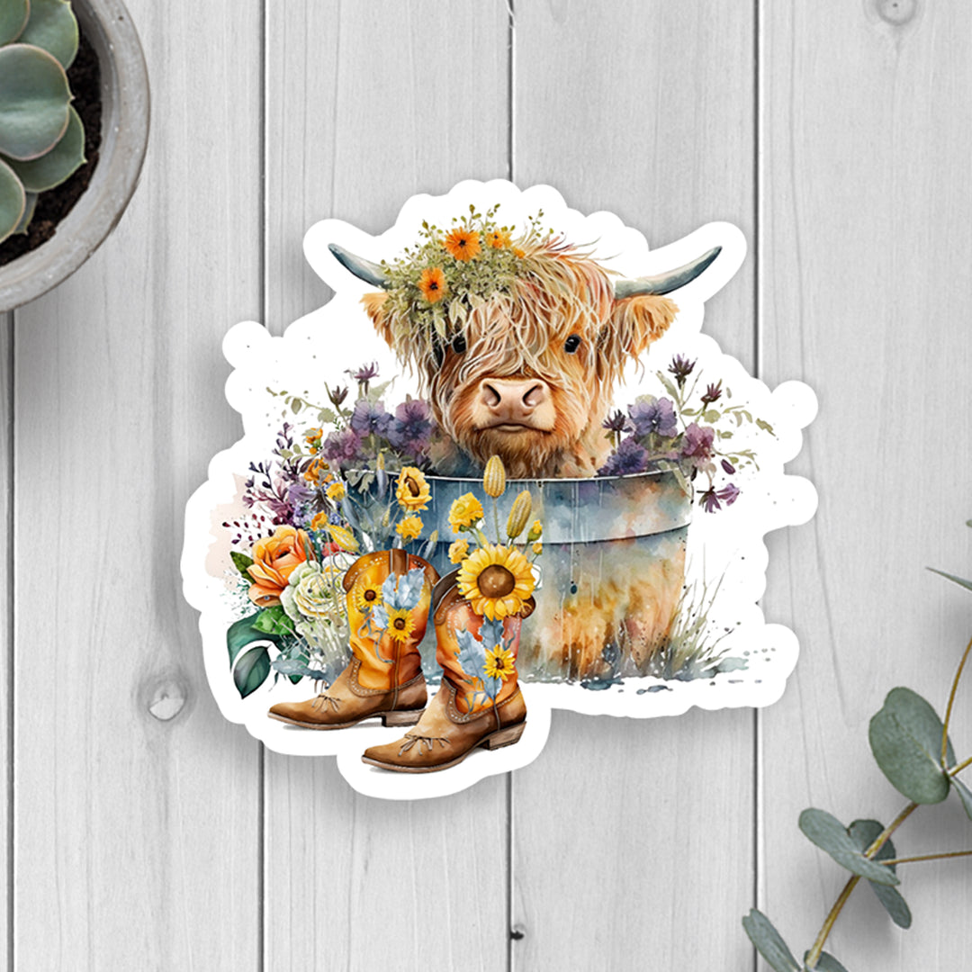 Highland Cow, Boots &amp; Flowers Vinyl Sticker (scene)