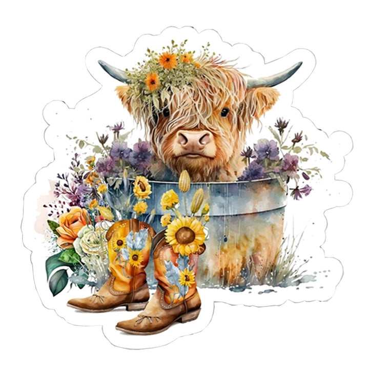 Highland Cow, Boots &amp; Flowers Vinyl Sticker