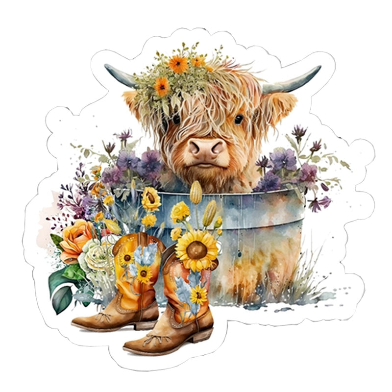 Highland Cow, Boots & Flowers Vinyl Sticker