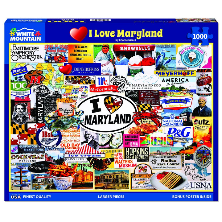Jigsaw puzzle box featuring images and text related to Maryland, with &