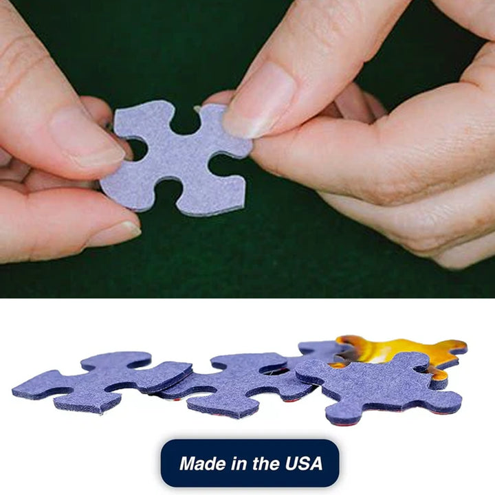 Hands holding a puzzle piece with additional pieces on a white background, featuring &