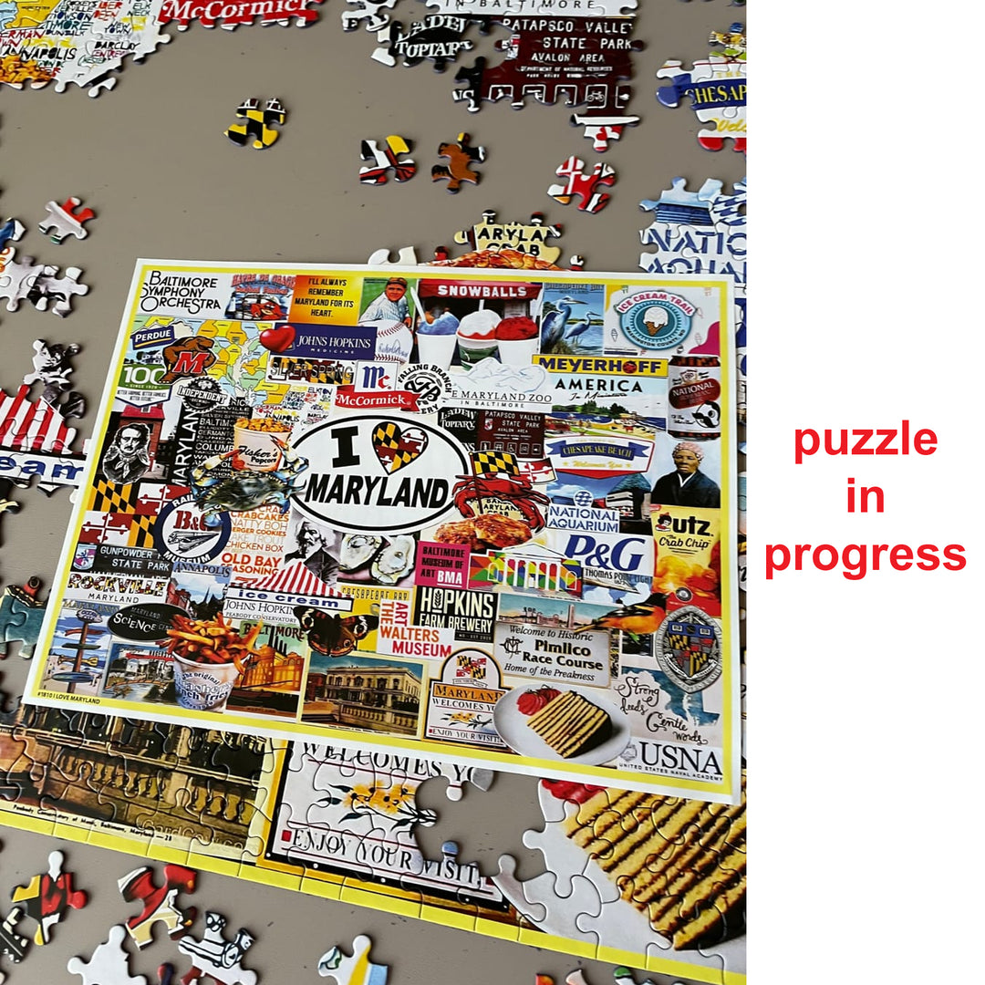 Jigsaw puzzle with completed pieces and missing ones on a brown surface, featuring &