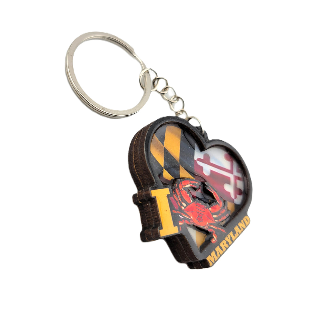 I Love Maryland Heart, Crab and Flag Key Ring