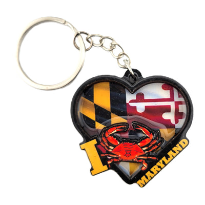 I Love Maryland Heart, Crab and Flag Key Ring