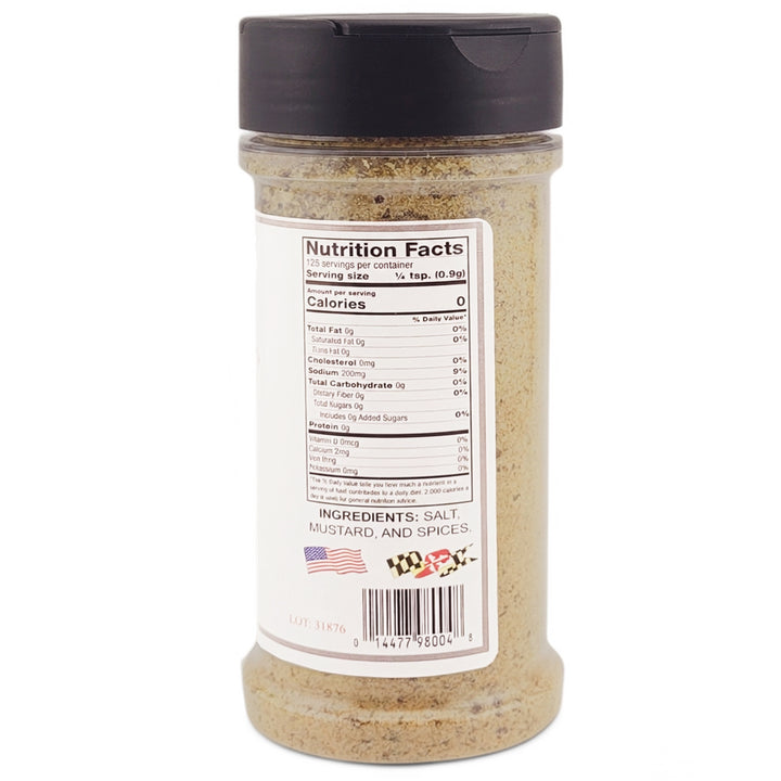 A bottle of J.O. Black Crab Seasoning showing the nutrition information on the label.