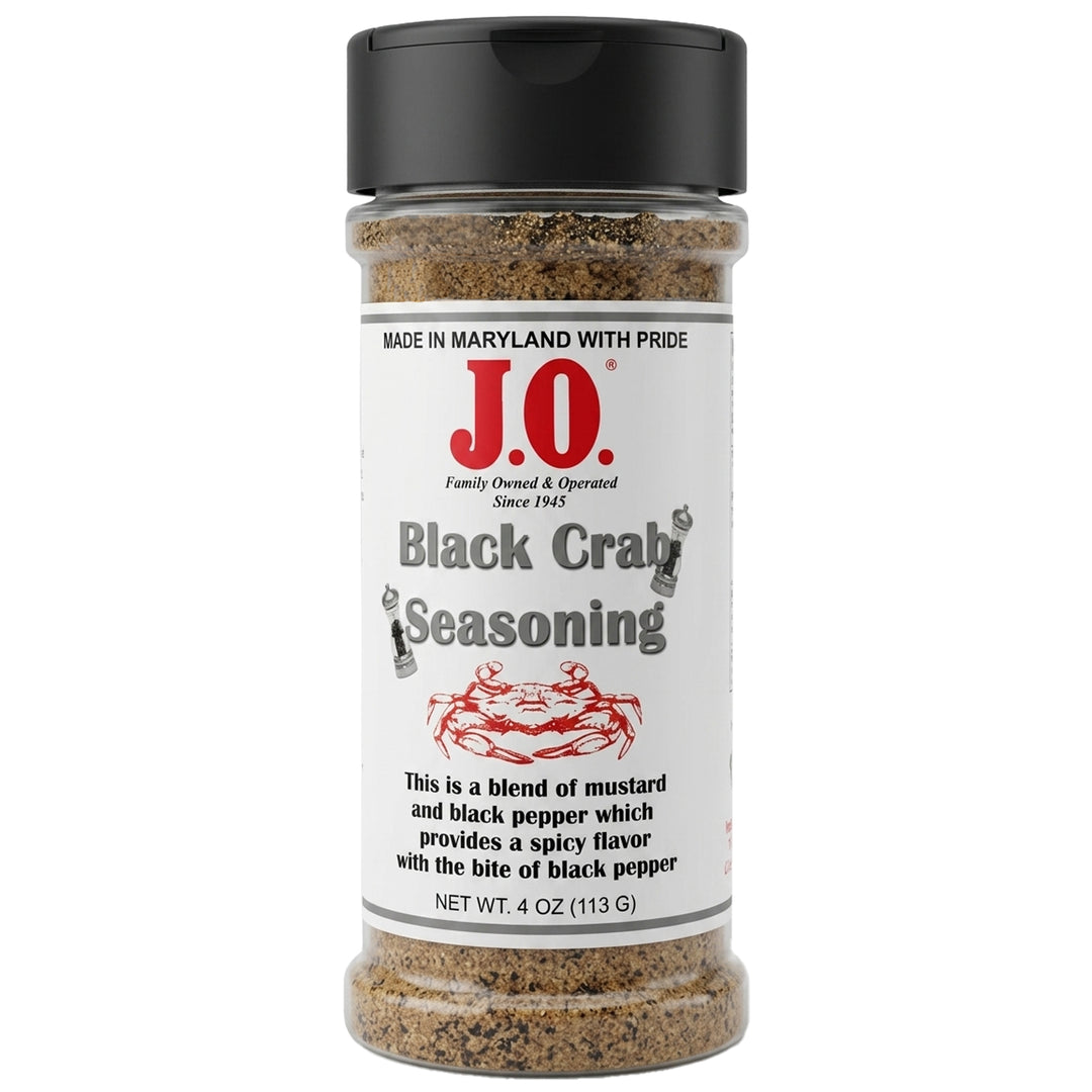 A 4 oz plastic bottle of J.O. Black Crab Seasoning with a black cap and white label with a crab drawing.