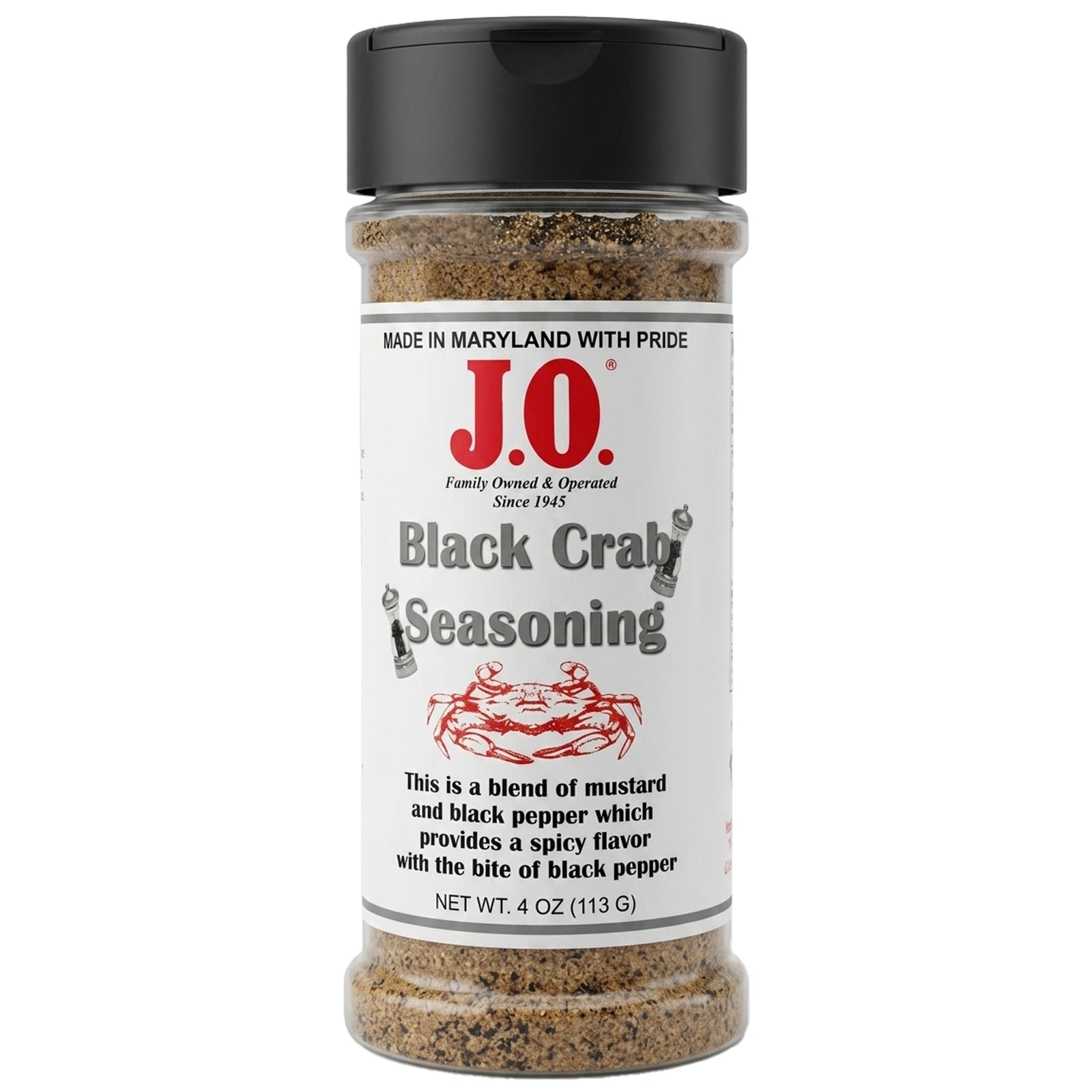 A 4 oz plastic bottle of J.O. Black Crab Seasoning with a black cap and white label with a crab drawing.
