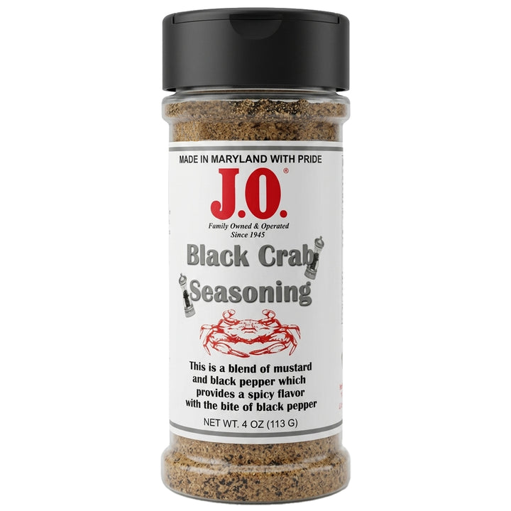 A 4 oz plastic bottle of J.O. Black Crab Seasoning with a black cap and white label with a crab drawing.