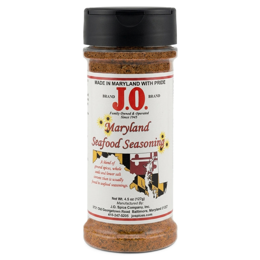 A 4.5oz shaker bottle of J.O. Spice Maryland Seafood Seasoning with a label featuring the Maryland flag in the shape of the state outline.